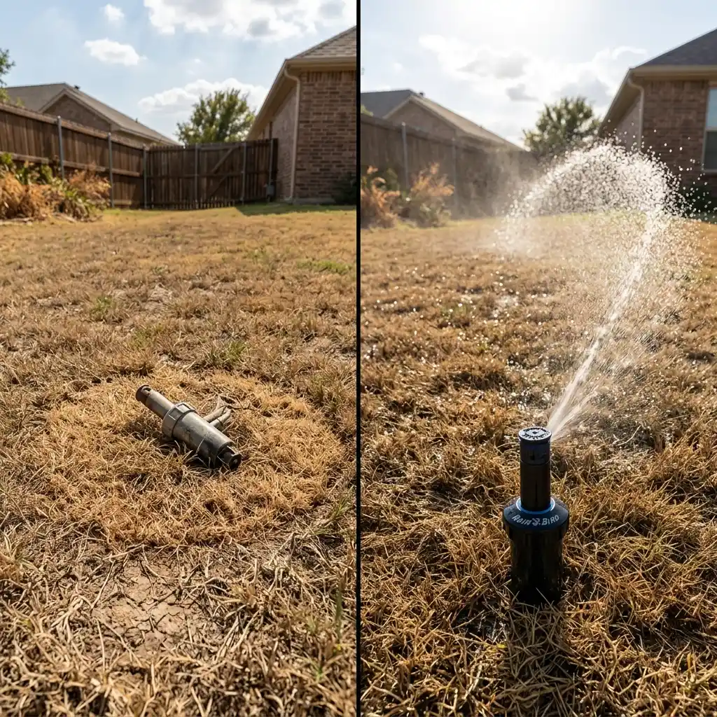 sprinkler repair denton tx before after broken head