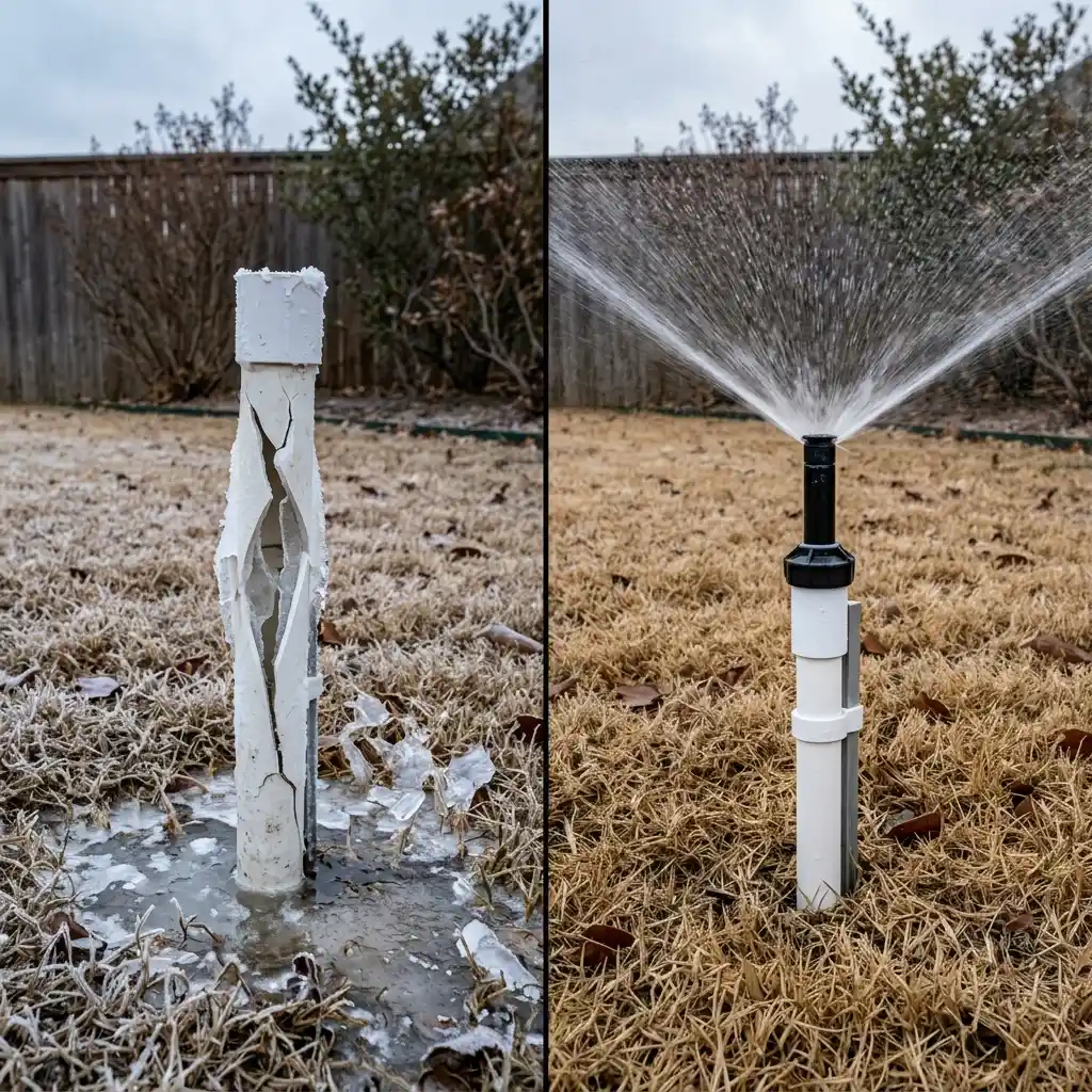 sprinkler repair denton tx before after freeze damage