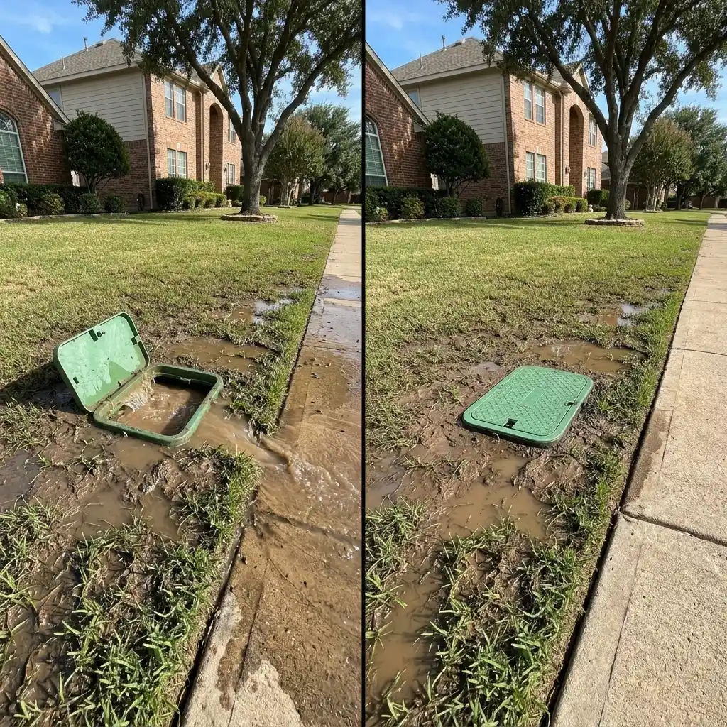 sprinkler repair denton tx before after valve flooding