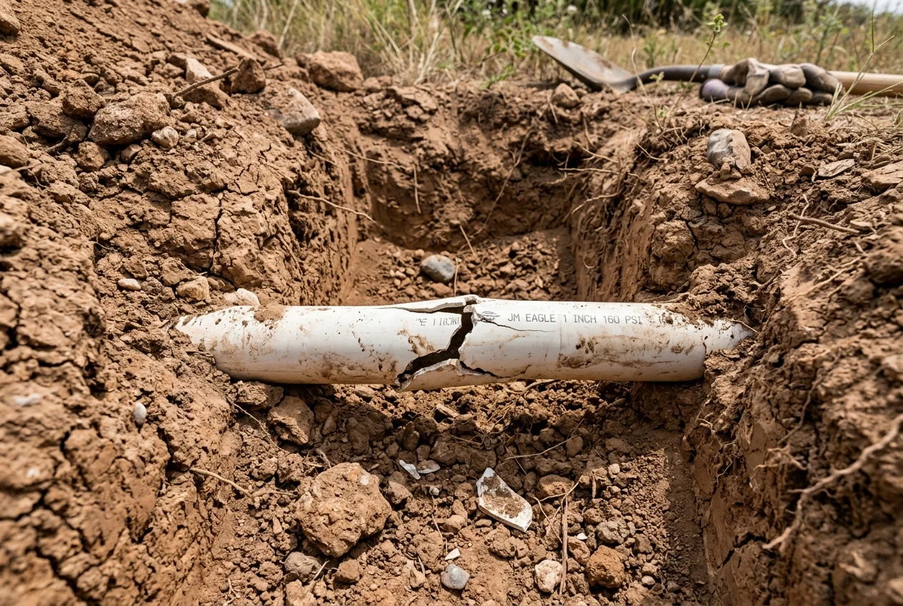 Cracked underground PVC sprinkler pipe caused by Texas clay soil