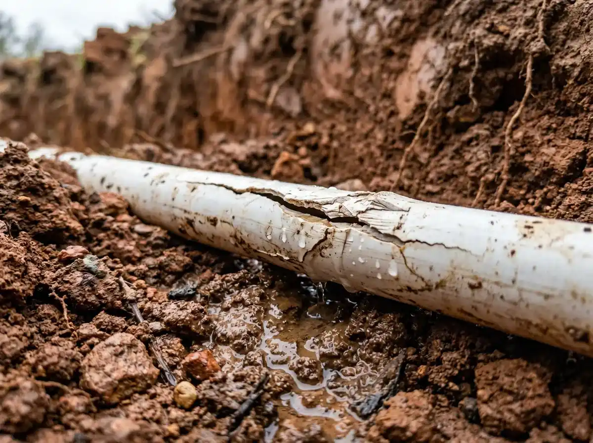 Cracked PVC sprinkler pipe in Denton TX clay soil causing underground leak