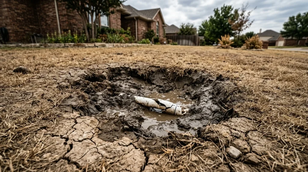 Wet spot on dry lawn indicating an underground sprinkler pipe leak caused by clay soil shifting in Denton TX