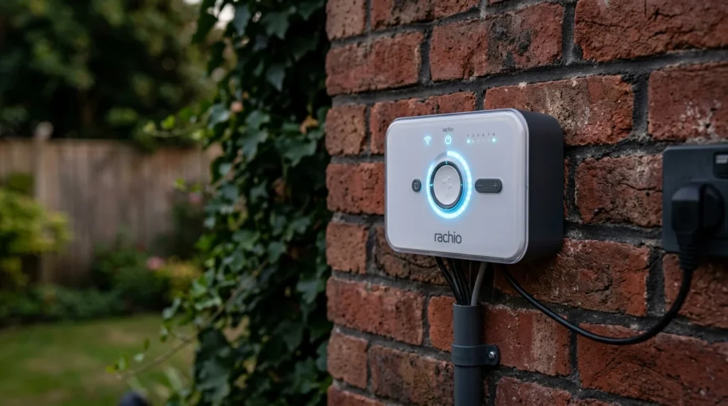 Modern smart irrigation controller mounted on brick wall for Denton watering restrictions compliance