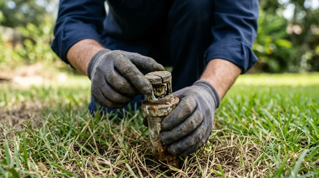 Technician inspecting a broken and corroded pop-up sprinkler head in the grass
