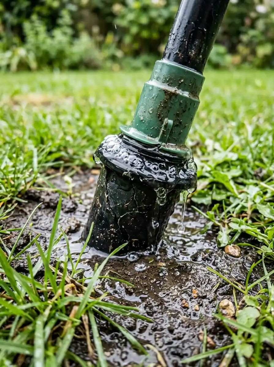 Damaged sprinkler head leaking and bubbling water around collar due to low water pressure