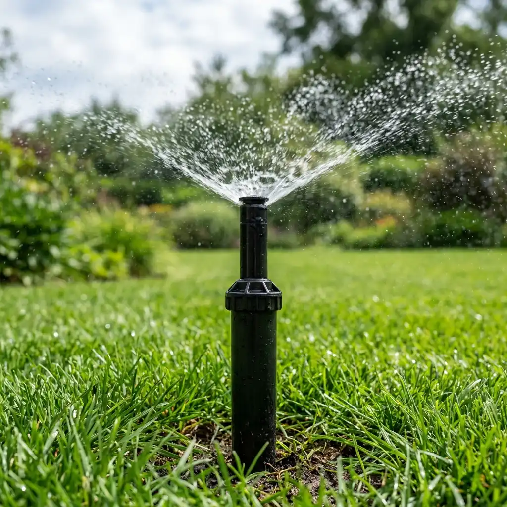 Pop-up sprinkler head fully extended 6 inches high above grass level to clear turf height