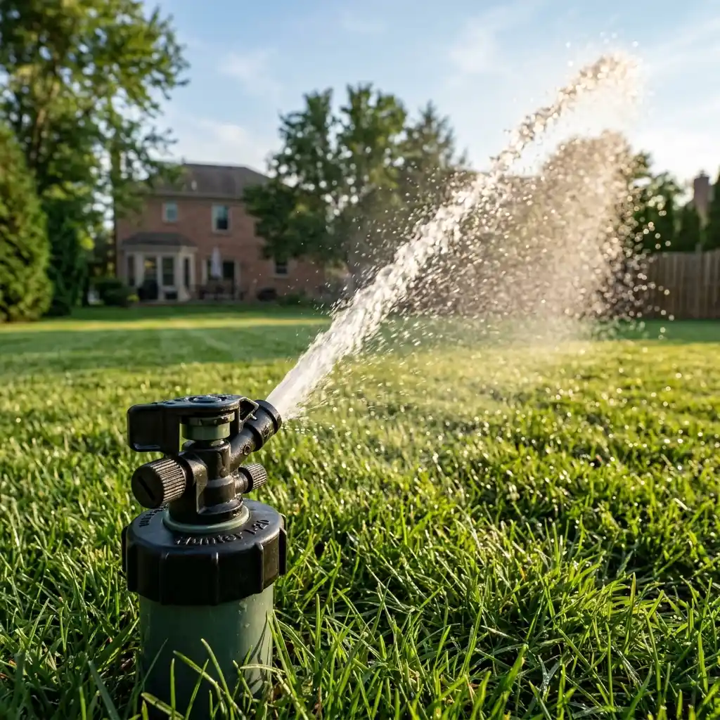 Rotor sprinkler head rotating and spraying a long-distance water stream over a Denton TX yard