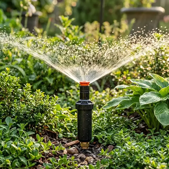 Spray sprinkler head popped up and actively spraying a fine fan mist over a Denton TX flower bed