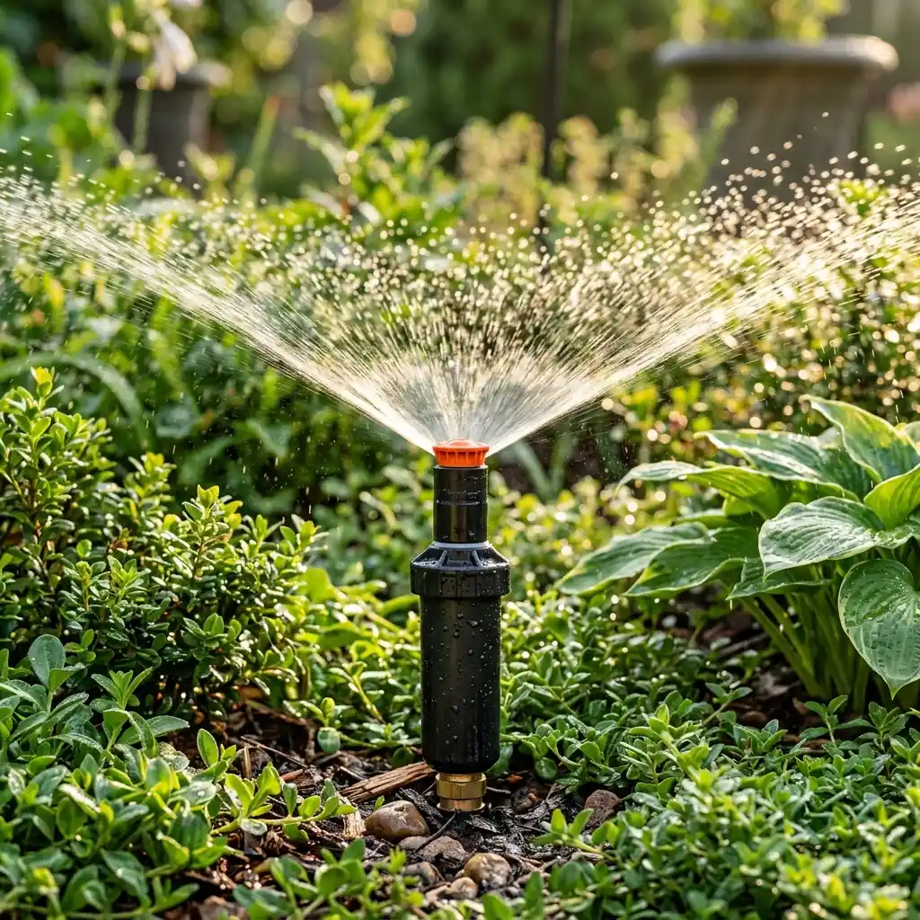 Spray sprinkler head popped up and actively spraying a fine fan mist over a Denton TX flower bed