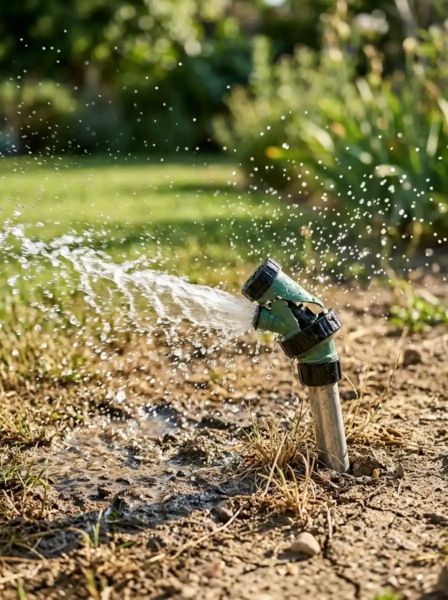 Broken sprinkler head spraying water sideways at a sharp horizontal angle onto dry soil