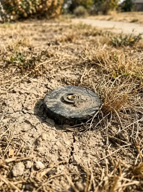 Broken sprinkler head stuck flat in dry Denton TX soil, unable to pop up
