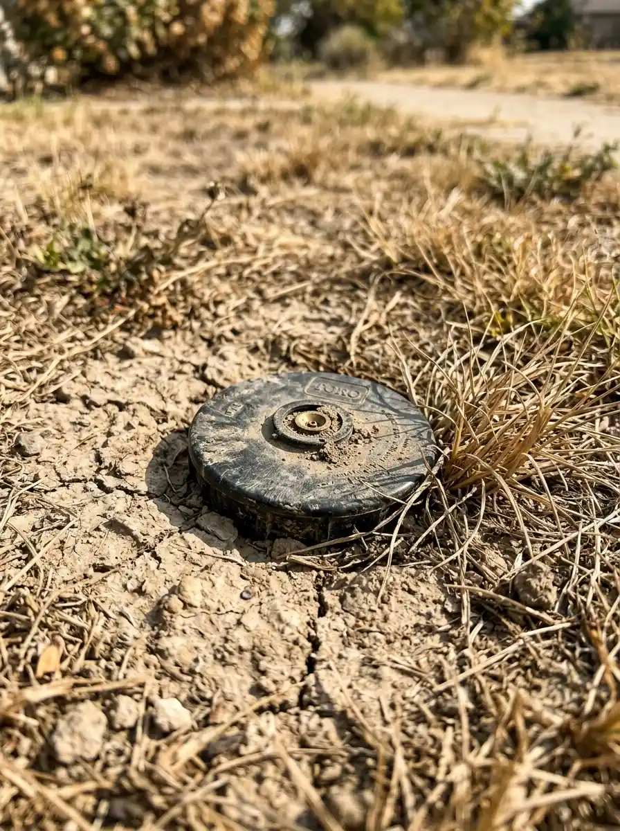 Broken sprinkler head stuck flat in dry Denton TX soil, unable to pop up