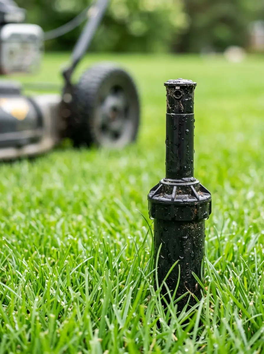 Sprinkler head stuck popped up in grass, presenting a lawnmower blade strike hazard