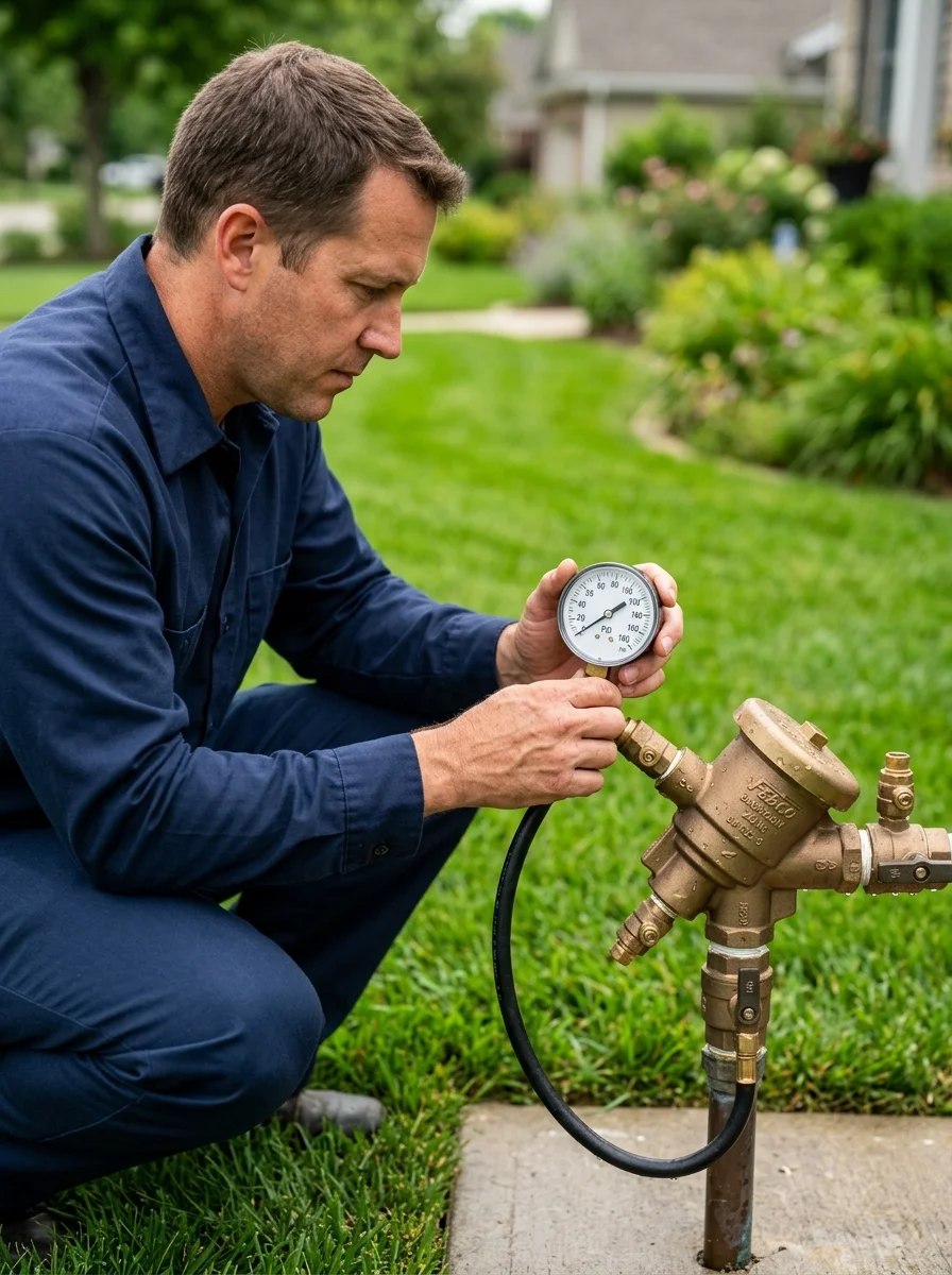 Pressure gauge showing water pressure reading on sprinkler backflow preventer manifold
