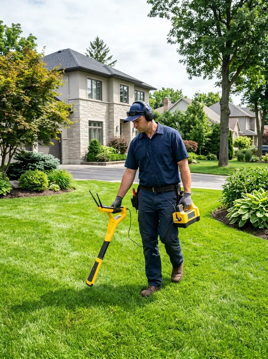 Irrigation technician using electronic wire locator receiver wand on green Denton lawn