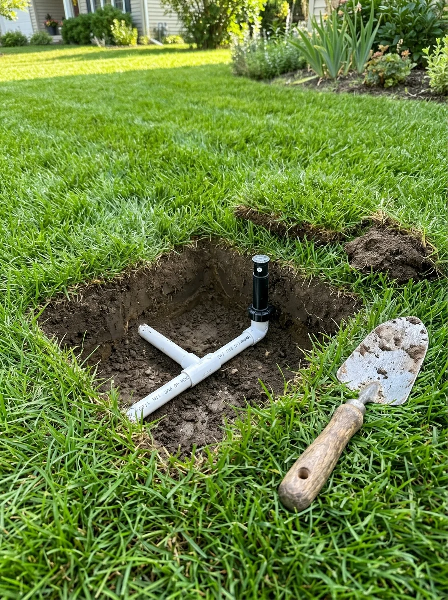 Small clean 12-inch hand dug hole exposing buried sprinkler line in green turf