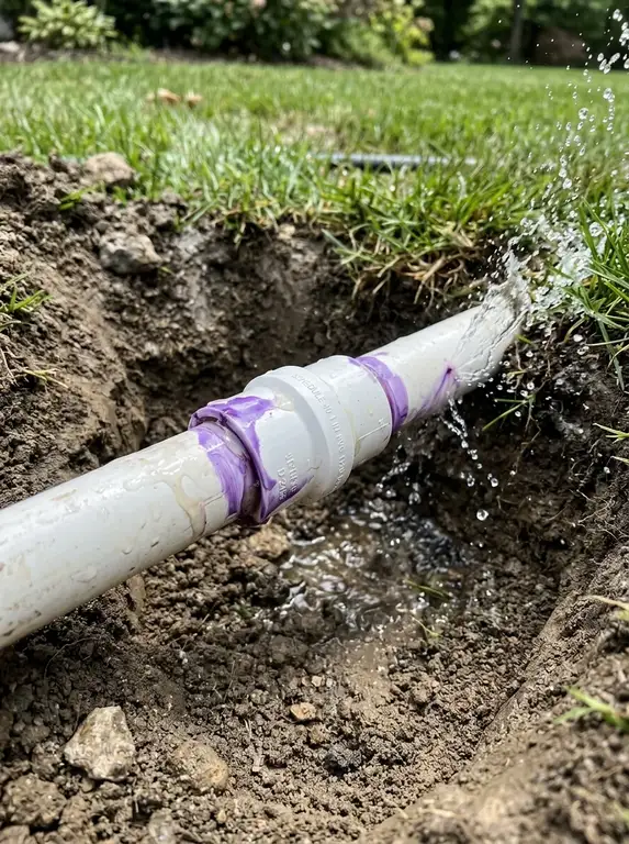Buried PVC pipe repaired with Schedule 40 coupler joints and purple primer
