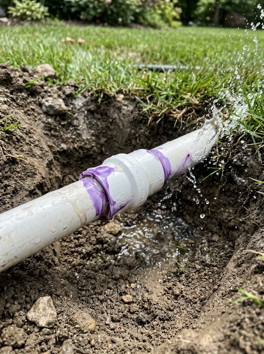 Buried PVC pipe repaired with Schedule 40 coupler joints and purple primer