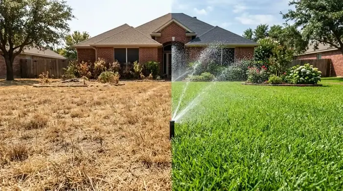 Dead dry lawn before sprinkler repair Denton TX versus lush green lawn after repair