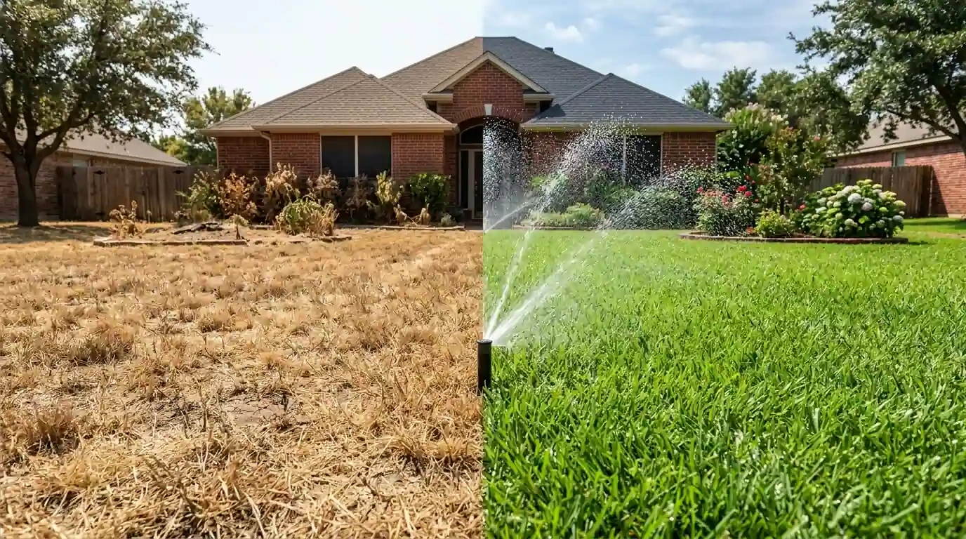 Dead dry lawn before sprinkler repair Denton TX versus lush green lawn after repair