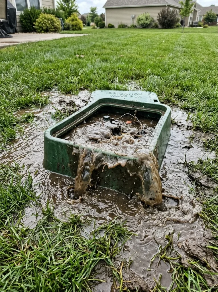 Green underground sprinkler valve box overflowing with muddy water from a leak