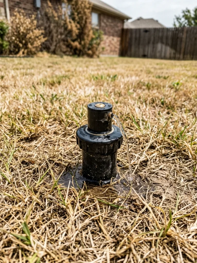 Pop-up sprinkler head spraying a weak stream of water due to low pressure