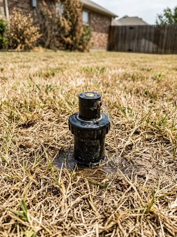 Pop-up sprinkler head spraying a weak stream of water due to low pressure