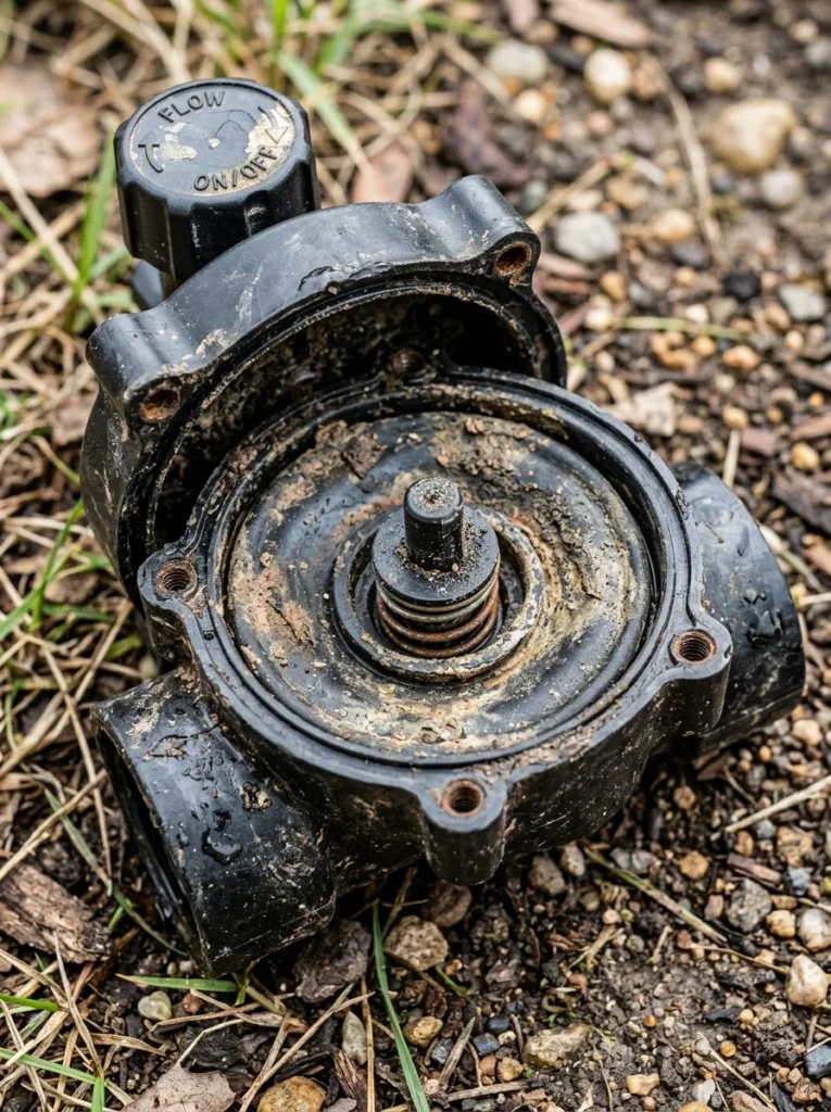 Disassembled sprinkler valve showing a worn rubber diaphragm mechanism