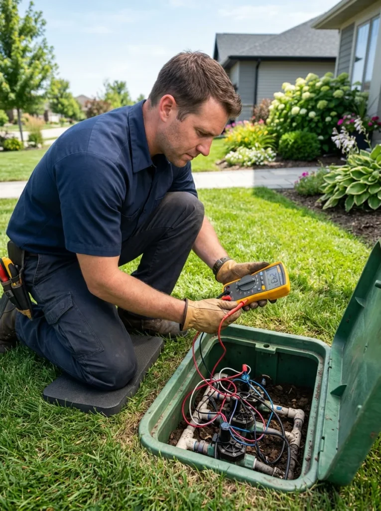 Irrigation technician testing a dead solenoid inside an underground sprinkler valve box
