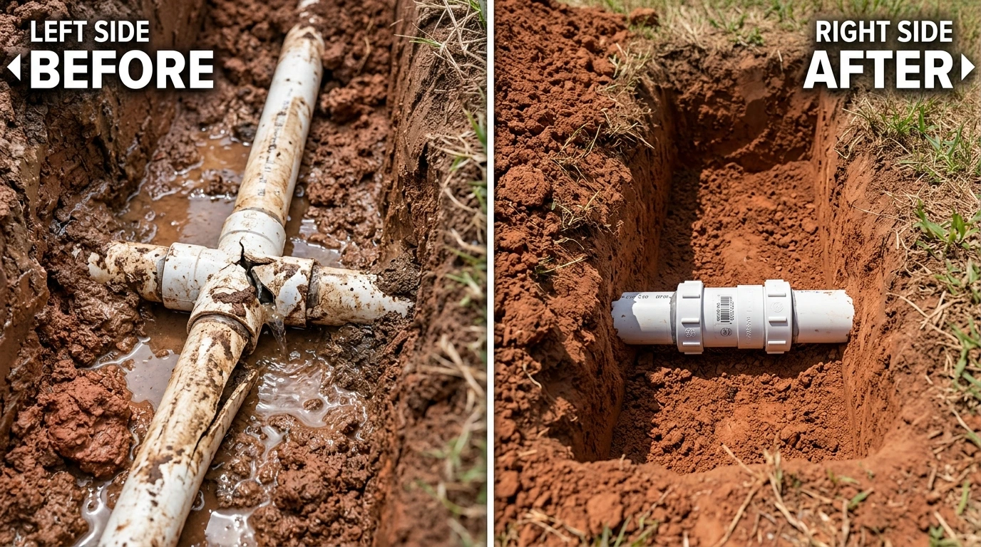 Cracked underground PVC irrigation pipe in Denton TX clay soil before repair versus clean slip-fix coupler installed after ProFlow fixed it