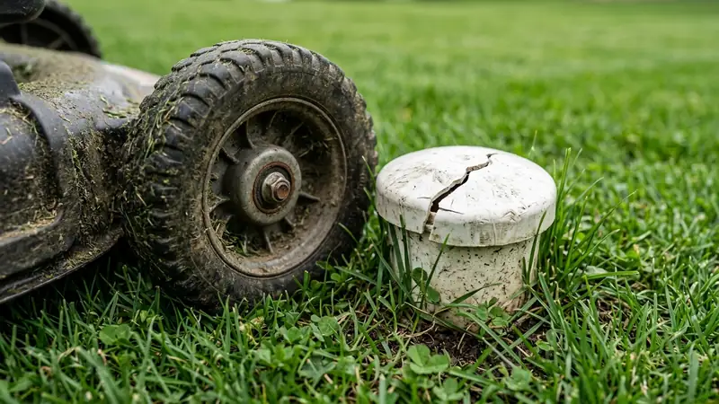 Cracked sprinkler head riser from lawn mower damage in Denton TX yard