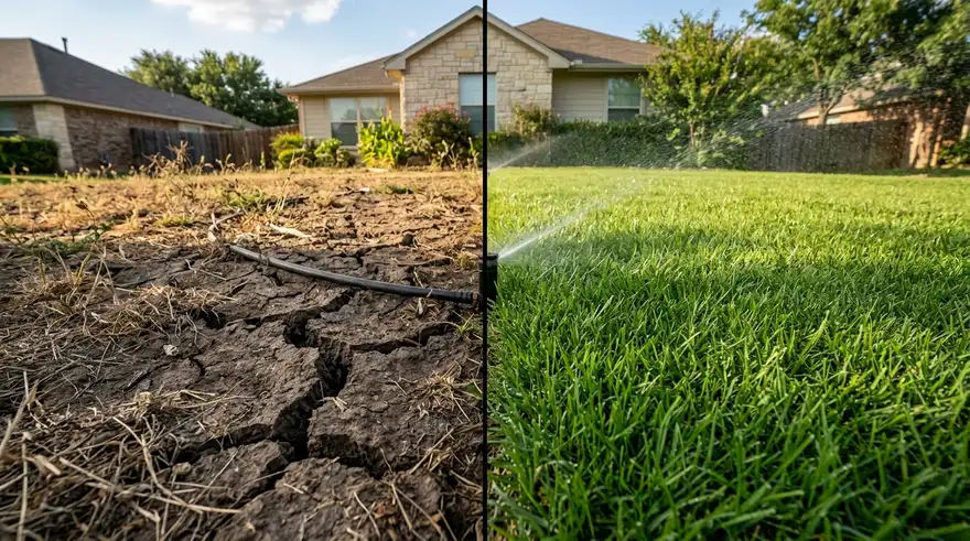 Denton TX clay soil vs irrigated lawn showing how local conditions affect sprinkler repair cost