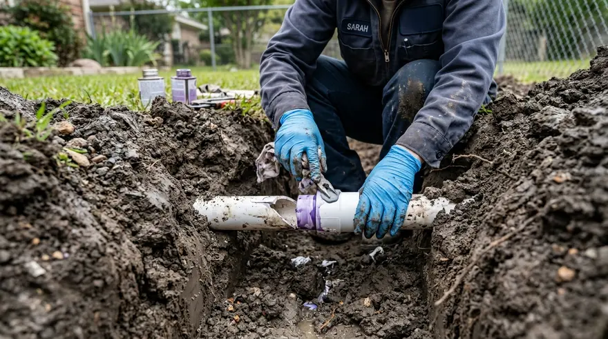 Underground sprinkler pipe repair in Denton TX clay soil - broken PVC joint being fixed
