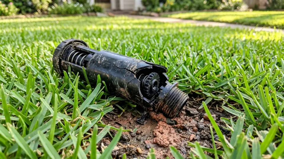 How to repair a broken sprinkler head - damaged irrigation head on Denton TX lawn in clay soil