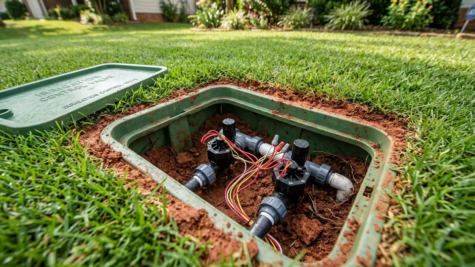 Sprinkler valve box open in Denton TX yard showing irrigation solenoid valves for repair