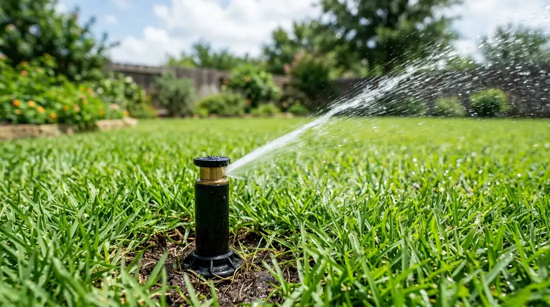 Properly installed and adjusted sprinkler head spraying water on a Denton lawn