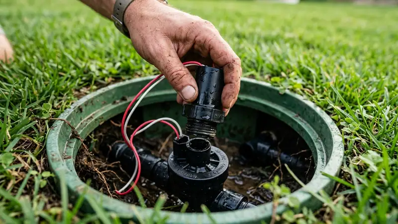 Removing a solenoid from a Rain Bird sprinkler valve during repair in Denton TX