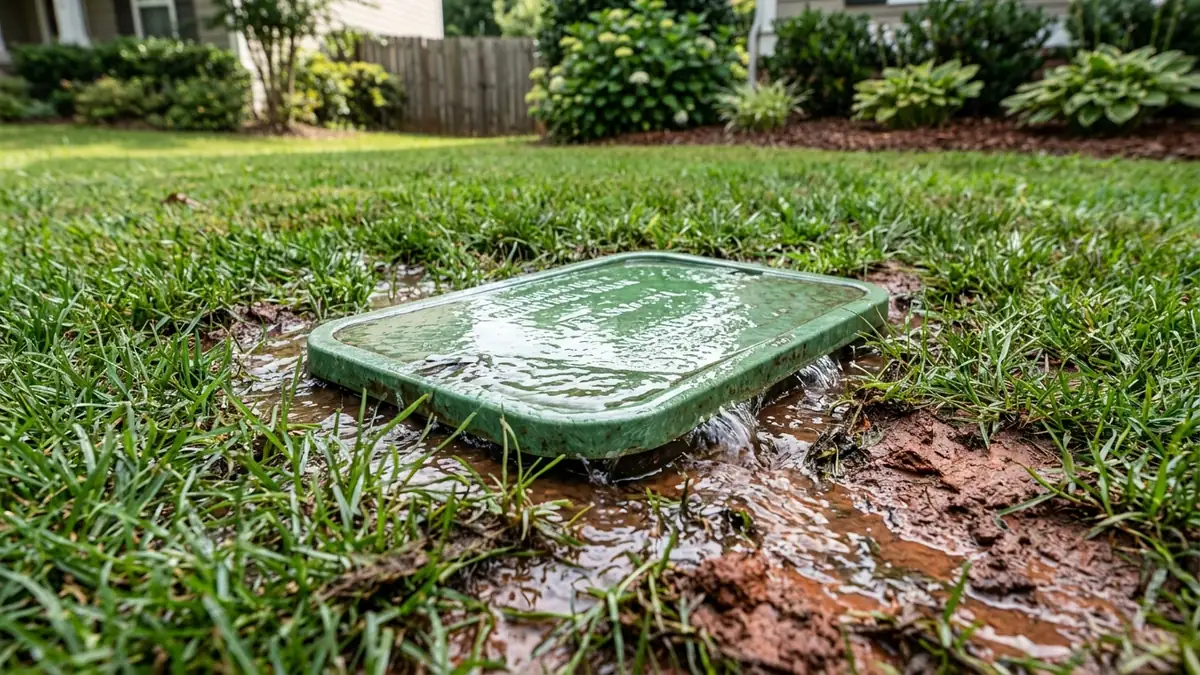 Water leaking from a sprinkler valve box in a Denton TX residential yard