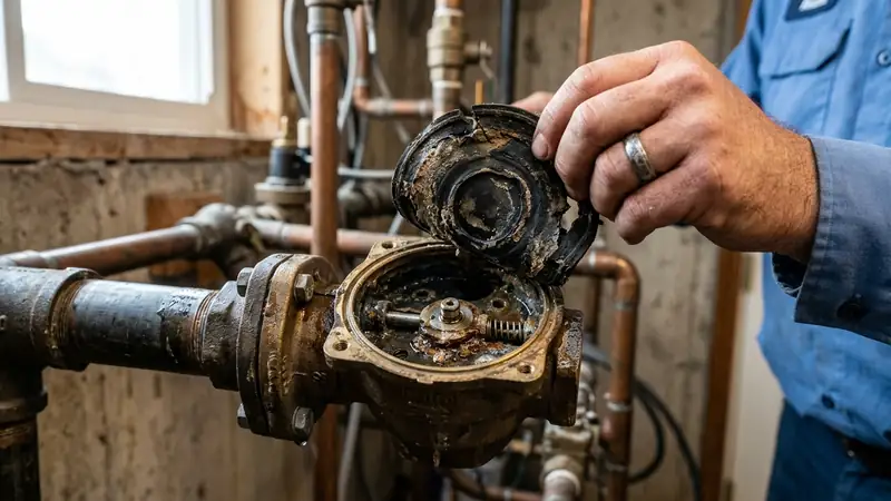 Worn rubber diaphragm being removed from a leaking sprinkler valve during repair in Denton TX